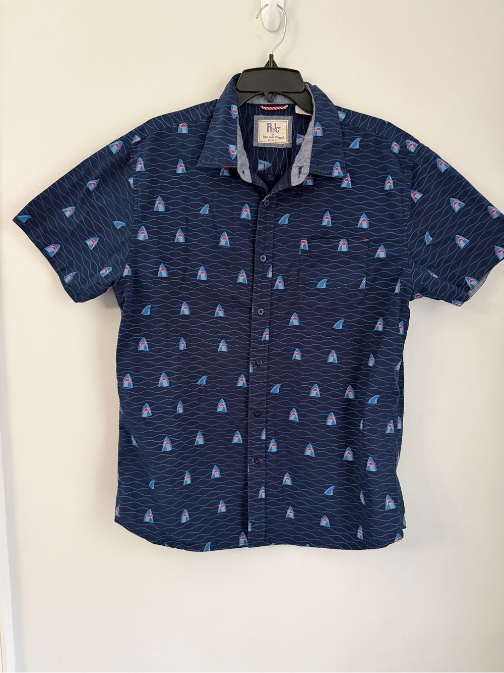 RJC Shark Print Hawaiian Camp Shirt Mens Large Blue Button Up Novelty Beach